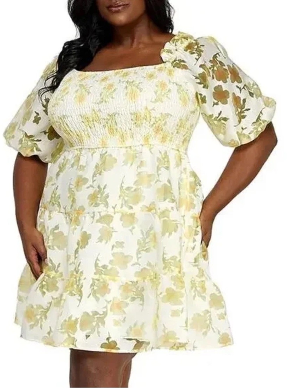 Layered with Love Yellow Floral Smocked Tiered Mini Dress 2X Cottagecore NWT